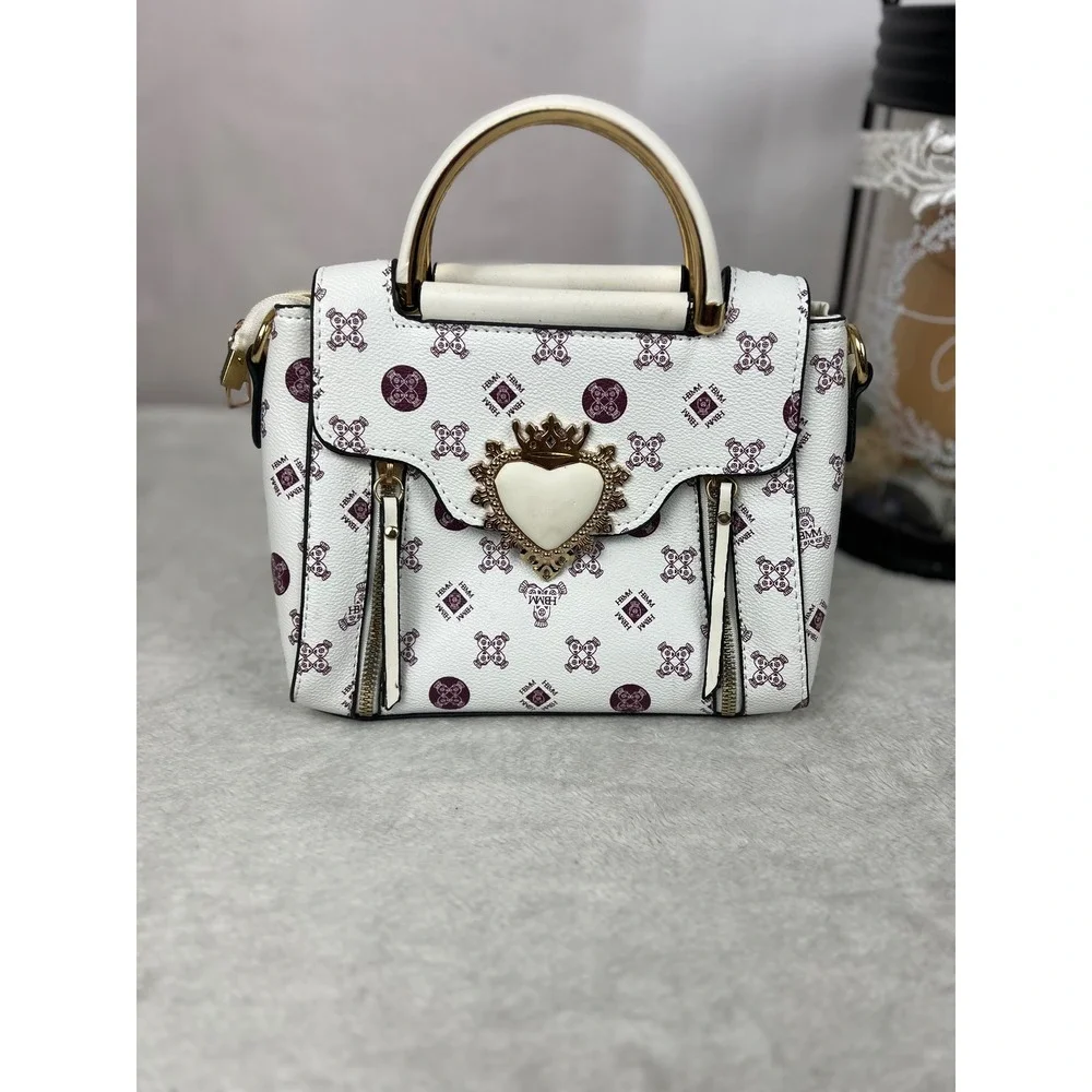 HBMM Monogram Heart Crown Satchel Handbag White Purple Gold Crossbody Bag